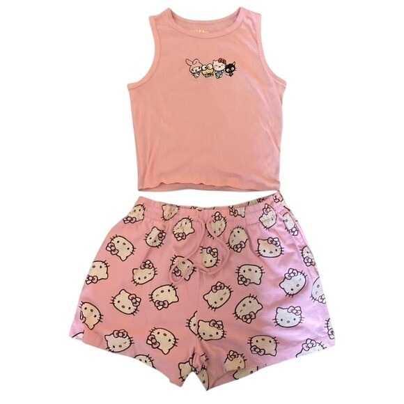 Hello Kitty Tops - Sanrio Hello Kitty and Friends Pajama Set Peach Crop Tank Pink Shorts Womens S/M